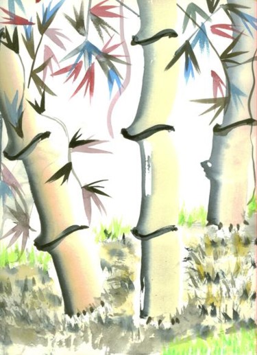Painting titled "Bambous" by S Eymond Laritaz, Original Artwork, Watercolor
