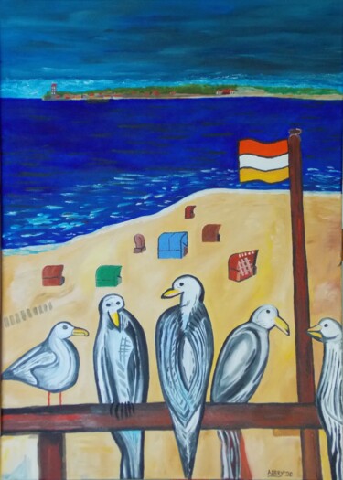 Painting titled "Traurige Möwen am N…" by Harry Lübke (hARRY), Original Artwork, Oil