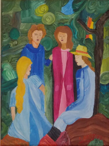 Schilderij getiteld "Vier Mädchen" door Harry Lübke (hARRY), Origineel Kunstwerk, Olie
