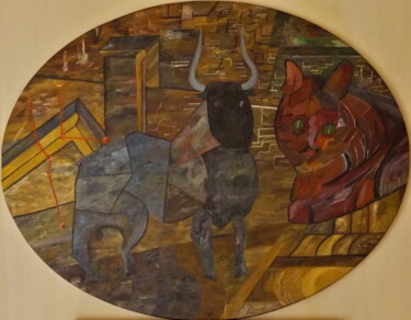 Painting titled "Stier mit Katze" by Harry Lübke (hARRY), Original Artwork, Oil