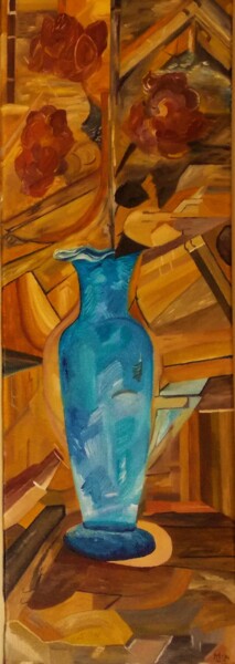 Malerei mit dem Titel "Blaue Vase mit Rosen" von Harry Lübke (hARRY), Original-Kunstwerk, Öl