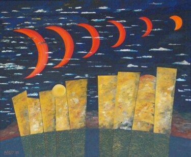 Pintura intitulada "5 + 1 Mond" por Harry Lübke (hARRY), Obras de arte originais, Óleo