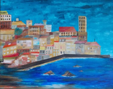 Malerei mit dem Titel "Stadt am Meer" von Harry Lübke (hARRY), Original-Kunstwerk, Öl