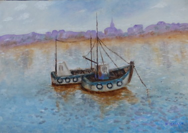 Peinture intitulée "bateaux-de-pecheurs…" par H. Oriaut, Œuvre d'art originale, Huile