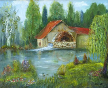 Painting titled "Le Moulin à Eau" by H. Oriaut, Original Artwork, Oil Mounted on Wood Stretcher frame