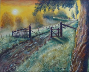 Painting titled "coucher de soleil" by H. Oriaut, Original Artwork, Oil Mounted on Wood Stretcher frame
