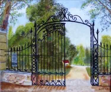 Painting titled "La Grille du Parc d…" by H. Oriaut, Original Artwork, Oil Mounted on Wood Panel