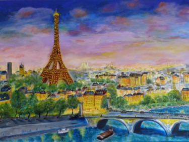 Painting titled "Paris s'éveille" by H. Oriaut, Original Artwork, Oil Mounted on Wood Stretcher frame