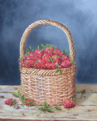 Painting titled "Panier de fraises" by H. Oriaut, Original Artwork, Oil Mounted on Wood Stretcher frame