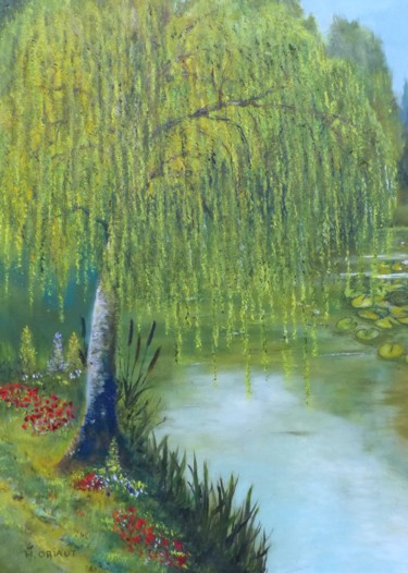 Painting titled "le Saule" by H. Oriaut, Original Artwork, Oil Mounted on Wood Stretcher frame