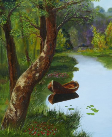 Au fil de l'eau Peinture intitulée "Au fil de l'eau" par H. Oriaut, Œuvre d'art originale, Huile Monté sur Châssis en bois