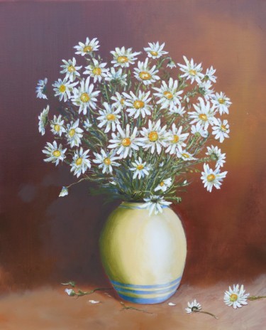 Painting titled "Pot de marguerites" by H. Oriaut, Original Artwork, Oil