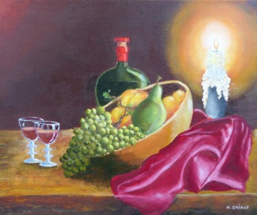 Painting titled "nature morte aux ra…" by H. Oriaut, Original Artwork, Oil Mounted on Wood Stretcher frame