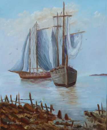 Painting titled "Les Bateaux" by H. Oriaut, Original Artwork, Oil Mounted on Wood Stretcher frame