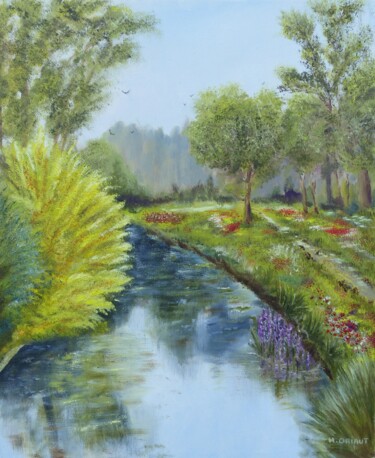 Painting titled "La Rivière" by H. Oriaut, Original Artwork, Oil Mounted on Wood Stretcher frame