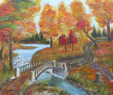 Peinture intitulée "Le Pont en Automne" par H. Oriaut, Œuvre d'art originale, Huile Monté sur Châssis en bois