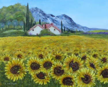 Painting titled "Les Tournesols" by H. Oriaut, Original Artwork, Oil Mounted on Wood Stretcher frame