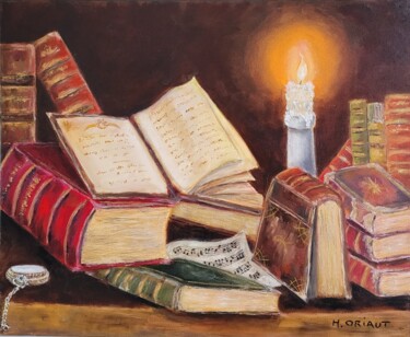 Painting titled "Les Livres de la co…" by H. Oriaut, Original Artwork, Oil Mounted on Wood Stretcher frame