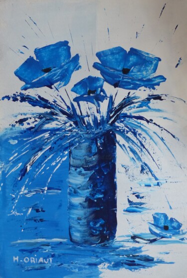 Peinture intitulée "Coquelicots bleus" par H. Oriaut, Œuvre d'art originale, Acrylique Monté sur Panneau de bois