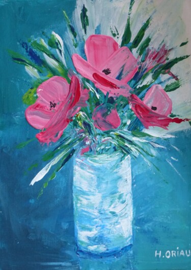 Painting titled "Vase de Coquelicots…" by H. Oriaut, Original Artwork, Acrylic Mounted on Wood Stretcher frame