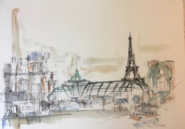Dessin intitulée "Paris" par Hartiste, Œuvre d'art originale, Aquarelle Monté sur Panneau de bois