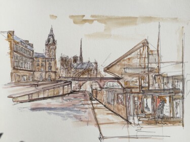 Drawing titled "Entre notre Dame" by Hartiste, Original Artwork, Watercolor