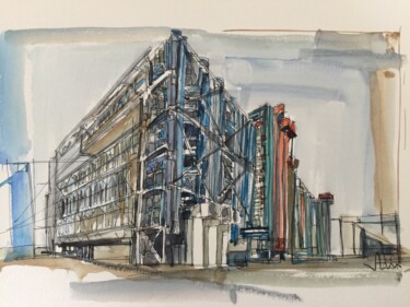 Drawing titled "Beaubourg" by Hartiste, Original Artwork, Watercolor