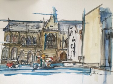 Drawing titled "Fontaine Stravinsky" by Hartiste, Original Artwork, Watercolor