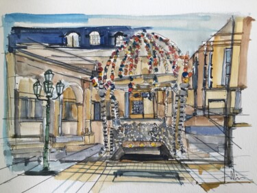 Drawing titled "Place Colette / Noc…" by Hartiste, Original Artwork, Watercolor