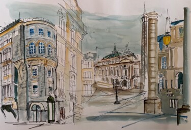 Drawing titled "Quartier Paris" by Hartiste, Original Artwork, Watercolor