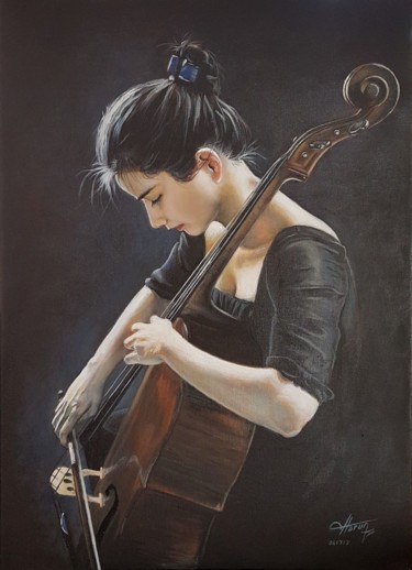 Картина под названием "Girl playing cello" - Harun Ayhan, Подлинное произведение искусства, Масло