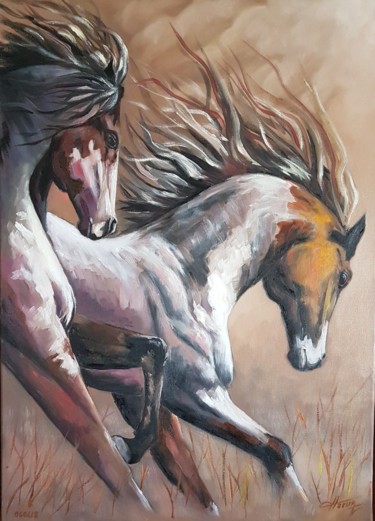 「Running horses」というタイトルの絵画 Harun Ayhanによって, オリジナルのアートワーク, オイル