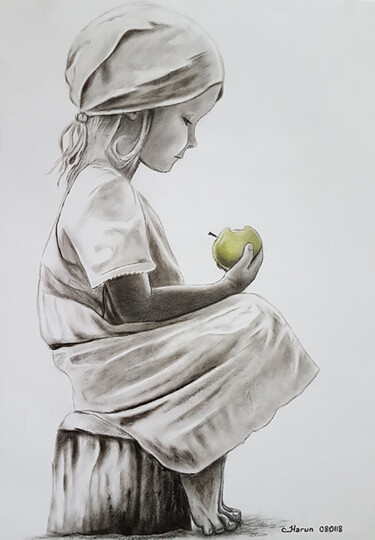 Painting titled "Child with green ap…" by Harun Ayhan, Original Artwork, Oil