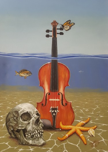 Pittura intitolato "violin and skull un…" da Harun Ayhan, Opera d'arte originale, Olio