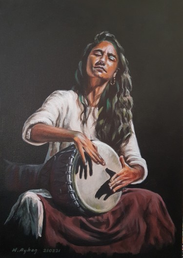 Картина под названием "girl playing the dr…" - Harun Ayhan, Подлинное произведение искусства, Акрил