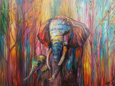Elephant's family (60x80cm, oil painting, ready to hang) Картина под названием "Elephant's family (…" - Harutyun Stepanyan, Подлинное произведение искусства, Масло Установлен на Под…