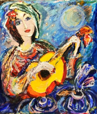 Картина под названием "Девушка с гитарой" - Dr. Hasai Aliev, Подлинное произведение искусства, Акрил