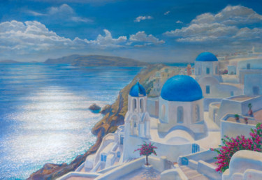 Painting titled "Santorini view" by Michael Kiselev, Original Artwork, Oil