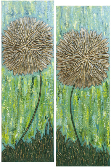 Painting titled "Gold asters (20x60,…" by Hasmik Mamikonyan, Original Artwork, Acrylic Mounted on Wood Stretcher frame