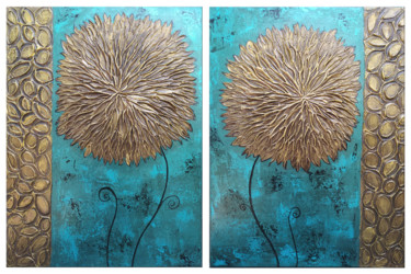Painting titled "Turquoise asters (…" by Hasmik Mamikonyan, Original Artwork, Acrylic