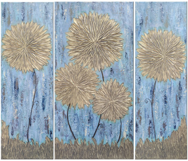 Painting titled "Gold asters with bl…" by Hasmik Mamikonyan, Original Artwork, Acrylic Mounted on Wood Stretcher frame