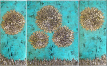 Painting titled "Gold Asters (Tripty…" by Hasmik Mamikonyan, Original Artwork, Acrylic Mounted on Wood Stretcher frame