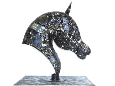 Sculpture titled "Tête cheval en méta…" by Hassan Laamirat, Original Artwork, Metals