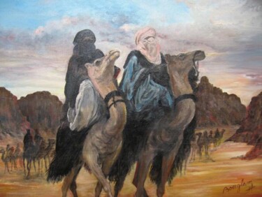Peinture intitulée "Les Méharistes" par Hassina Bouglam, Œuvre d'art originale