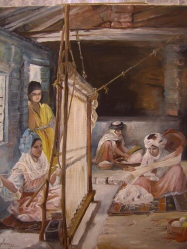 Peinture intitulée "femmes travaillant…" par Hassina Bouglam, Œuvre d'art originale