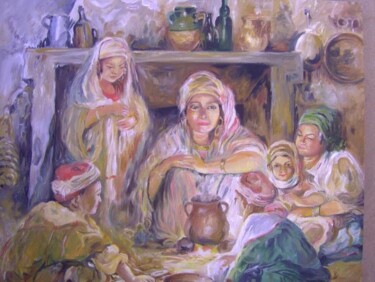 Peinture intitulée "Scène familiale - d…" par Hassina Bouglam, Œuvre d'art originale