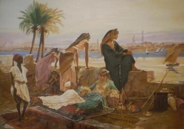 Schilderij getiteld ""terrasse au bord d…" door Hassina Bouglam, Origineel Kunstwerk, Olie