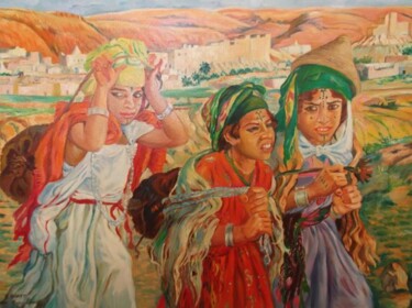 Peinture intitulée "les porteuses d'eau…" par Hassina Bouglam, Œuvre d'art originale