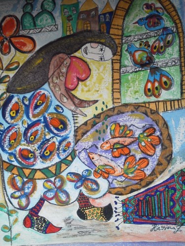 Pintura intitulada "Fish Feeding" por Hassina Zahaf, Obras de arte originais
