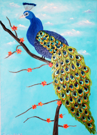 Painting titled "Peacock" by Abir Hassouna, Original Artwork, Oil
